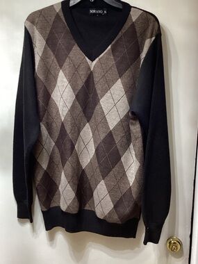 Soprano Black and Brown Argyle V-Neck Sweater - Men's
